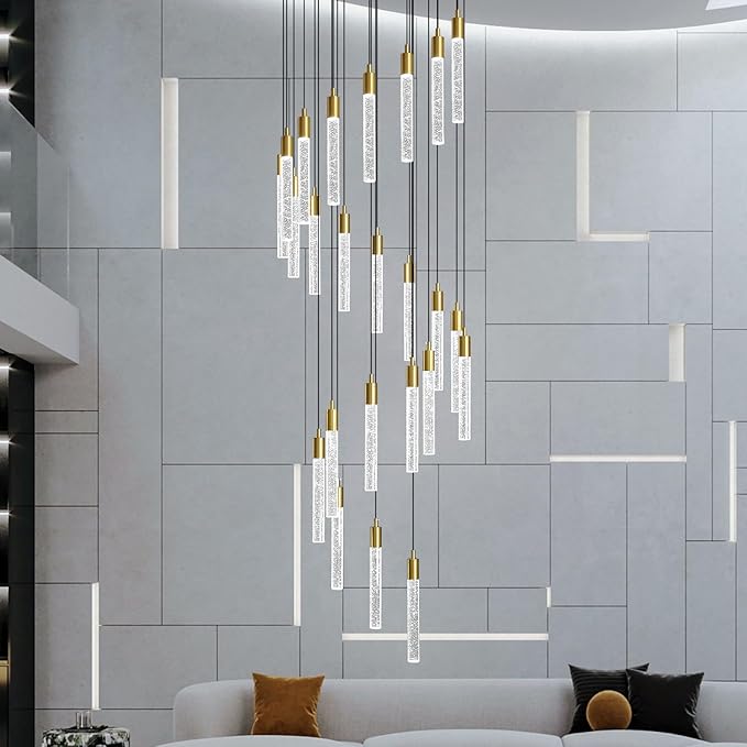 24-Light Modern Living Room Chandelier Gold Brass Finish Crystal Ceiling Pendant Lights LED Dimmable 144W 6000K Staircase Large Chandeliers for Entryway Lobby Foyer High Ceiling Chandeliers