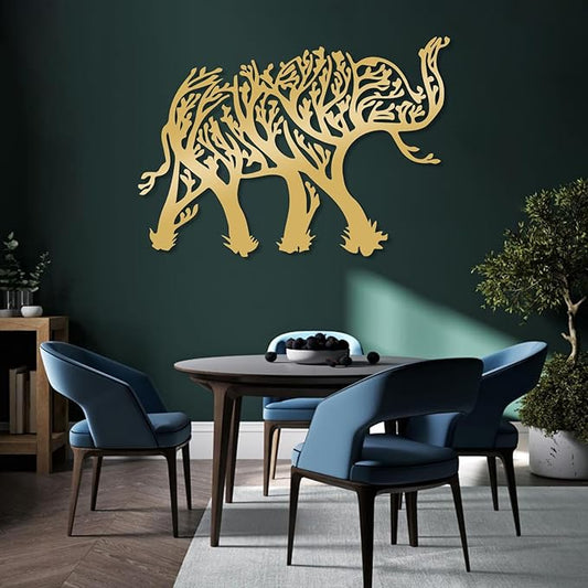 OSTCAL Metal Elephant Wall Decor, Metal Elephant Tree Wall Art, Geometric Elephant and Tree Decor, Animal Wall Art, Metal Wall Art, Wildlife Lover Gift, Home Decor (Gold, 48"x34" | 121x86cm)