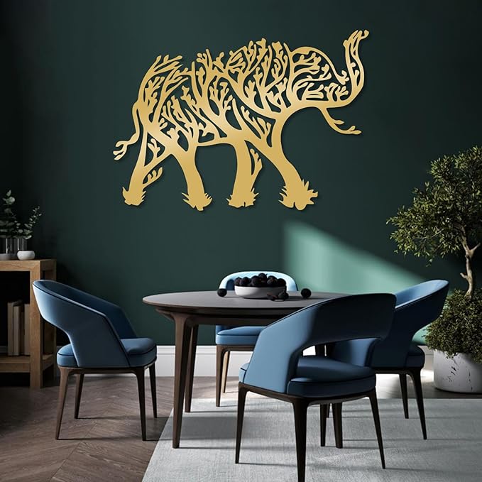OSTCAL Metal Elephant Wall Decor, Metal Elephant Tree Wall Art, Geometric Elephant and Tree Decor, Animal Wall Art, Metal Wall Art, Wildlife Lover Gift, Home Decor (Gold, 30"x21" | 76x54cm)