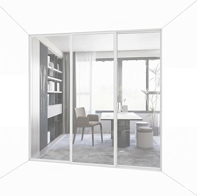 3-Panel Clear Glass Sliding Room Divider - Tempered Glass Wall Separator Screen for Office, Home, Workstation, Cubicle, Desk - Commercial & Residential Partition - 120" W x 80" H, White Frame