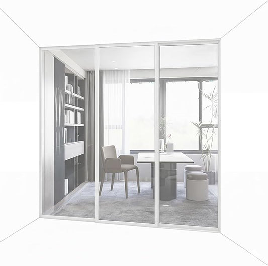 3-Panel Clear Glass Sliding Room Divider - Tempered Glass Wall Separator Screen for Office, Home, Workstation, Cubicle, Desk - Commercial & Residential Partition - 90" W x 80" H, White Frame
