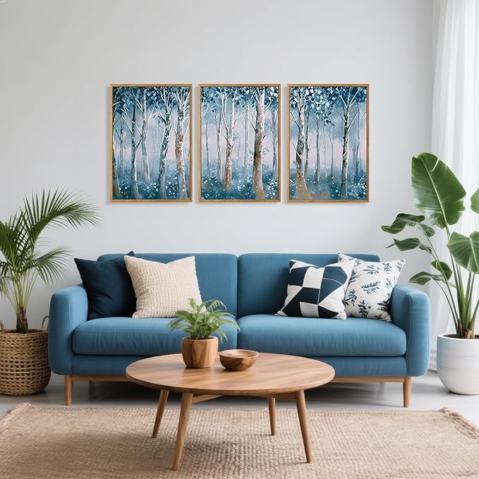 CHDITB Birch Trees Framed Canvas Wall Art Set, Blue Tree Abstract Nature Wall Decor,Blooming Birch Dreamy Forest Wall Painting, Vintage Landscape Art Prints for Living Room Bedroom Office-16 x24 x3