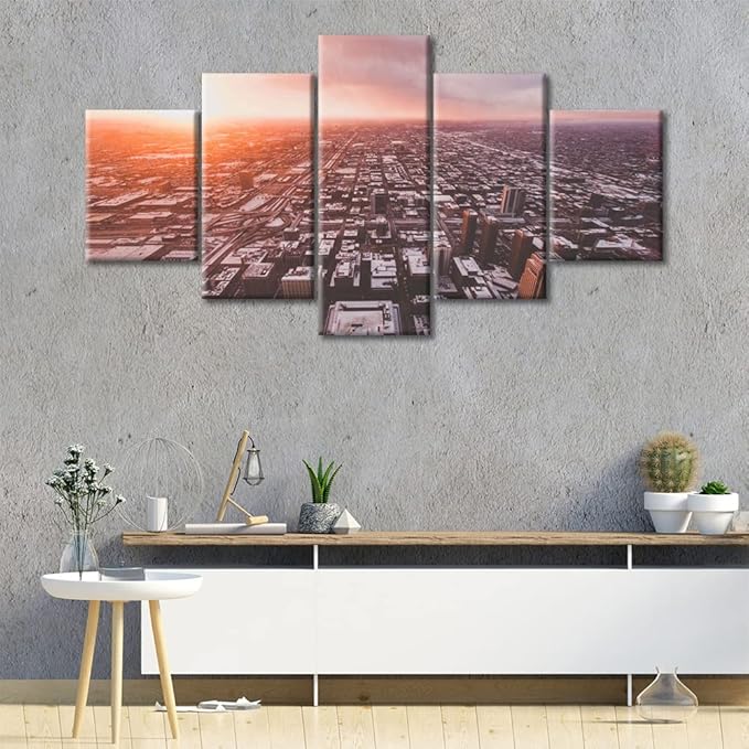 Chicago Sprawling at Sunset Wall Decor for Bedroom 5 Piece Chicago Skyline Cityscape Pictures Artwork Paintings Print on Canvas Giclee Print Gallery Packaging Artwork Ready to Hang (60"Wx32"H)