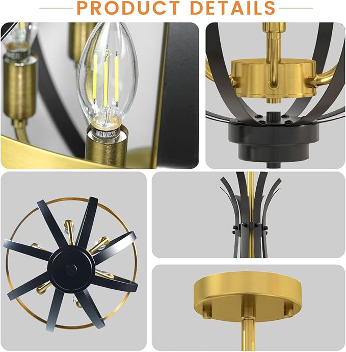 Black and Gold Chandelier, 6-Light Dining Room Light Fixture, Farmhouse Kitchen Island Lighting, Modern Kitchen Chandeliers Over Table, Hanging Pendant Lights for Bedroom, Foyer, Staircase, Entry