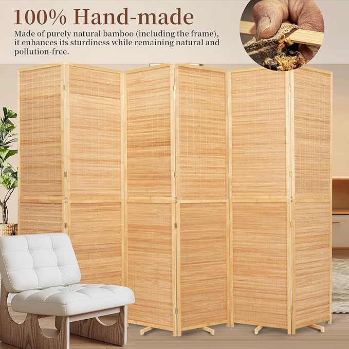 Bamboo Room Divider 6 Panel Wall Divider, 106'' W x 67'' H Folding Design with Extra Stable Base, 100% Bamboo Room Divider Screen for Room Separation, Chinese Room Partitions and Dividers Freestanding
