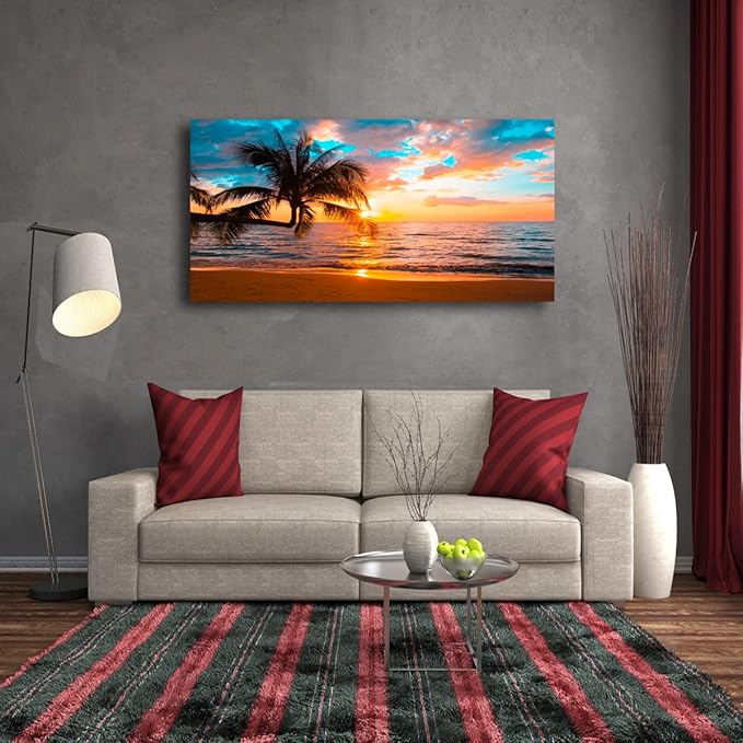 Beach Sunset Pictures Canvas Wall Art For Living Room Bedroom Wall Decor,Sunset Wall Art Print Paitnings For Home Decor,Morden Artwork Palm Cloud Canvas Art Waterproof Ready To Hang-20X40Inches