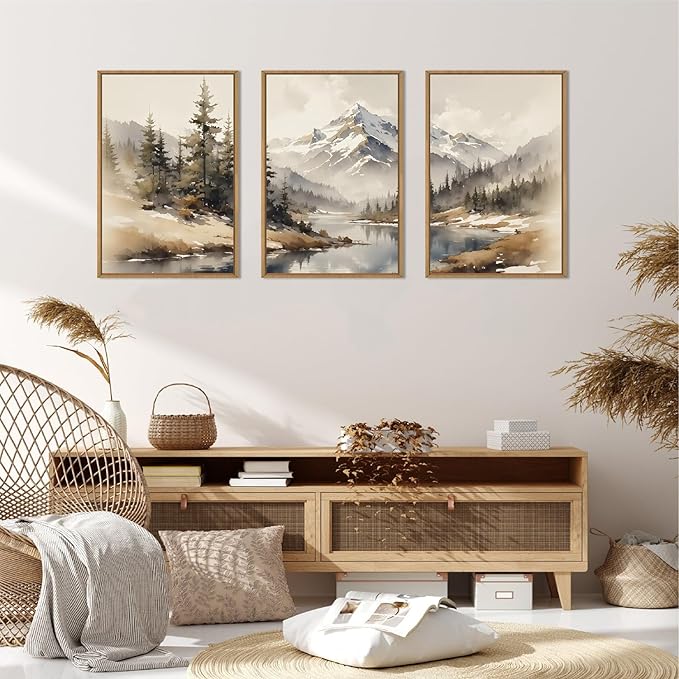 Ausril Watercolor Misty Mountain Framed Canvas Wall Art Set, Foggy Pine Tree Wall Decor, Winter Landscape Wall Painting, Nature Snowy Scene Art Print for Living Room, Bedroom, Office - 24"X36"X3