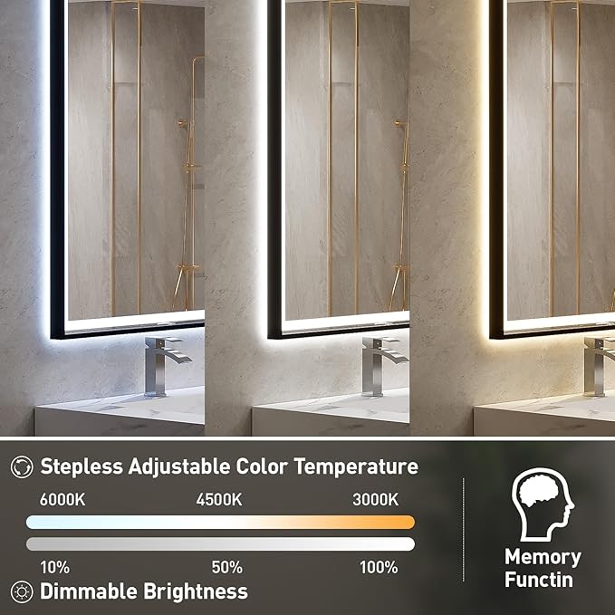 60x40 Inch LED Bathroom Mirror with Lights, Frontlit & Backlit Black Metal Frame Mirror,Double Lights Strips,Anti Fog Dimmable & 3 Colors Temperature