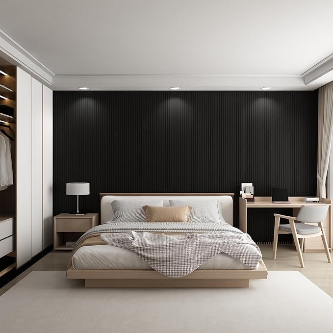 8-Pack WPC Wall Panels 118’’ x 6.3’’ 3D Slat Wall Panel Acoustic Wall Paneling for Interior Wall Decor TV Background Kitchen Bedroom Black