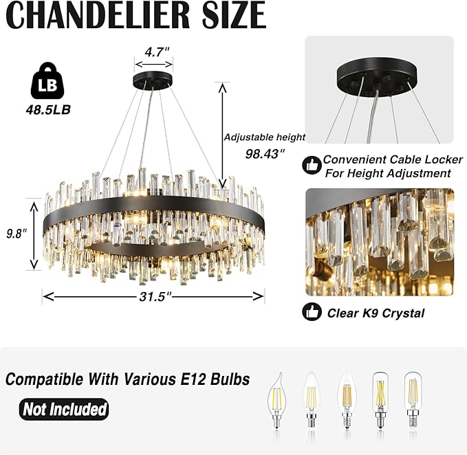 Modern Chandelier, D31.5 Round Black K9 Crystal Chandelier, Luxury Hanging Ceiling Light for Living Room, Chandeliers Pendant Light Fixture for Dining Room Hall Stairway Kitchen Bedroom