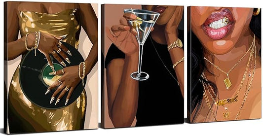 Black Girl Wall Art Fashion American African Women Canvas Pictures for Bedroom Retro Trendy Cocktail Gold Jewelry Posters Girly Prints Modern Artwork Living Room Bathroom Home Decorations 12x16" 3Pcs