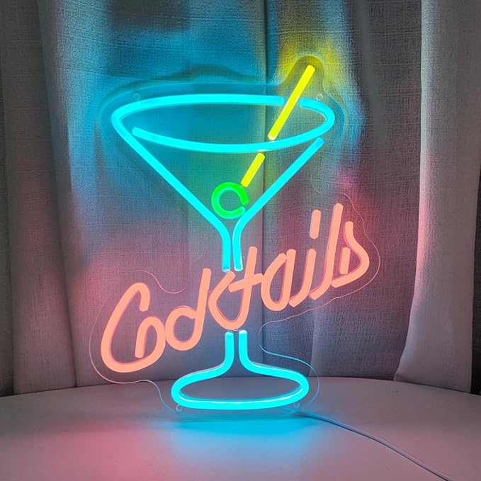 Cocktail Neon Sign, 11" x 13.7" Multicolor Acrylic Wall Mount, Tabletop, Hanging Chain LED Sign for Home Bar Decor