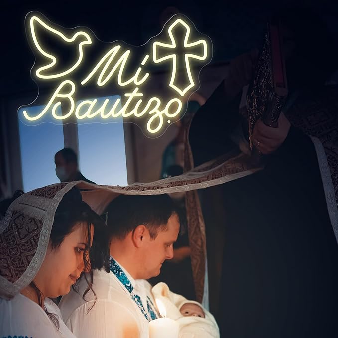 Mi Bautizo Neon Signs for Wall Decor, 15.7 * 10.8 inches Led Baptism Decorations, Perfect For Children's Birthday Party Decoration, Baptism, Bedroom, Garden, Birthday, Christmas, INSNEnN
