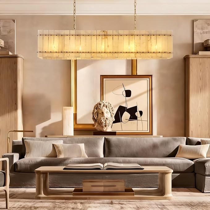 53.4" Rectangle Alabaster Chandelier, Modern Dining Room Chandeliers, 10-Light Marble Hanging Pendant Dining Light Fixture for Kitchen Island, Living Room, Bedroom, Foyer, Entryway