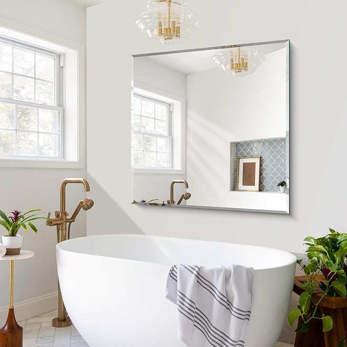 Beveled Mirror, 42x42 inch Square Bathroom Mirrors for Wall, Upgraded Shatterproof Frameless Vanity Mirror Over Sink with Beveled Edge for Bathroom,Bedroom,Living Room and Entryway