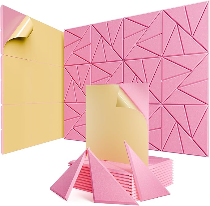 12 pack Acoustic Panels With Self-Adhesive, 12"X 12"X 0.4"Sound Proof Foam Panels, Sound Panels High Density, Soundproof Wall Panels for Home Studio Office Pink