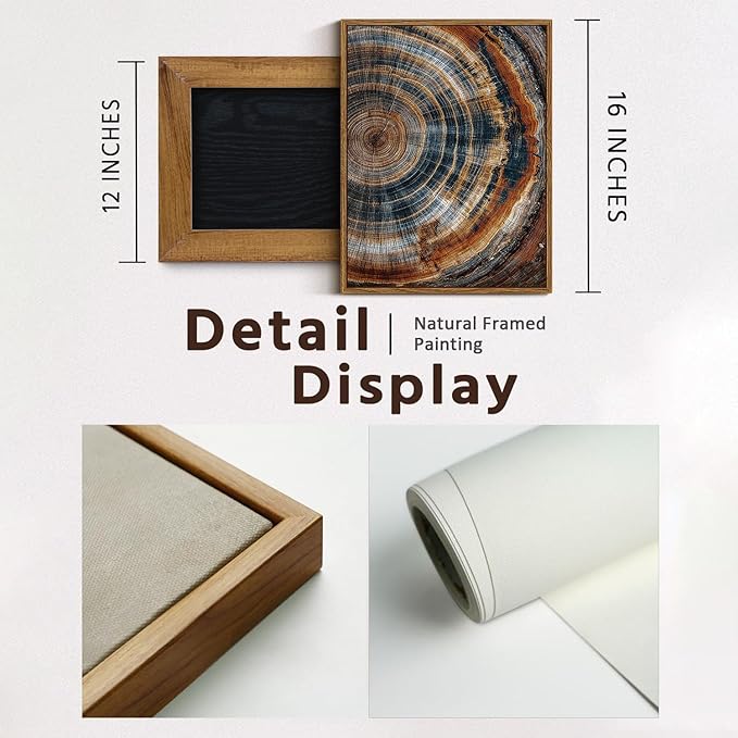 BingruiArt Framed Tree Ring Canvas Wall Art Abstract Wood Wall Decor Boho Modern Colorful Nature Painting Wood Stump Prints Pictures for Living Room Bedroom Bathroom Office 12"x16" Natural Framed(04)