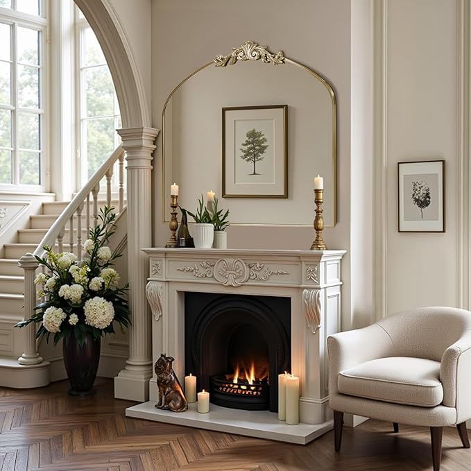 MISSDAY Vintage Arched Baroque Mirror for Wall, 36"X30" Antique Wall Mirror with Elegant Carving Top, Full Metal Frame Wall-Mounted Mirror for Bathroom, Living Room, Fireplace, Entryway, Retro Gold