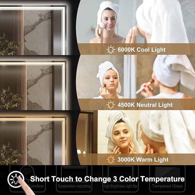 60x40 Inch LED Bathroom Mirror with Frontlit & Backlit（Independent Control）, Lighted Mirror for Bathroom Wall with 3-Color Dimmable & Anti-Fog, Vanity Mirror with Lights