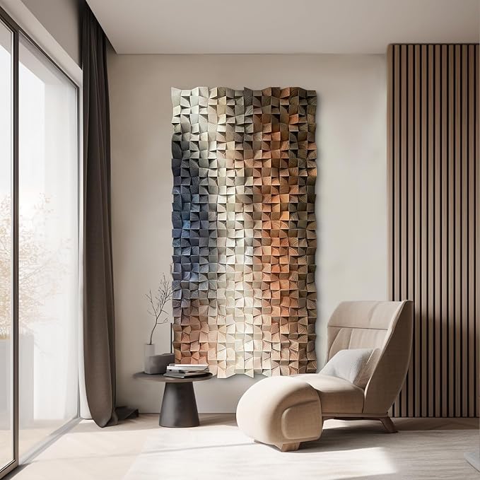 LIUZEYUE - 3D Wood Wall Art Decor Hand Crafted Wooden Blocks | Geometric Sculpture Art Modern Home Office Wall Art Easy Installation 23.6"x47.2"