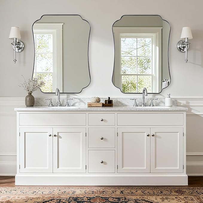 ANDY STAR Chrome Bathroom Mirror 24x36 Inches, Modern Scalloped Edge Wall Mirror with Stainless Steel Frame for Hallway, Lounge and Vanity Area