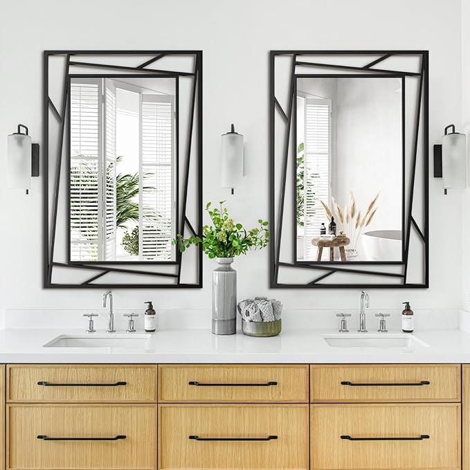 Black Bathroom Mirror, 36''X24'' Rectangle Decorative Wall Mirrors with Geometric Metal Frame for Bathroom, Living Room, Bedroom, Entrance, Expands Space, Horizontal/Vertical