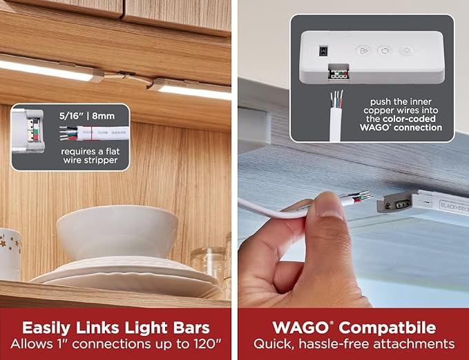 Black+Decker PureOptics Professional Push Wire 100' Jumper Wire Spool for Under Cabinet Lighting, Flat 5/6" or 8mm Cable, 4-Core CL2 Compliant, Non-Metallic, White