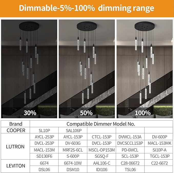 12-Light Modern Living Room Chandelier Black Crystal Ceiling Pendant Lights LED Dimmable 72W 6000K Staircase Large Chandeliers for Entryway Lobby Foyer High Ceiling Chandeliers