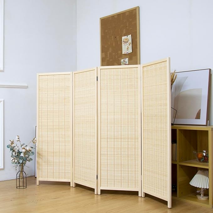 4 Panel Short Panel Divider Screen,3.95 FT Tall Bamboo Room Divider Folding Privacy Screen,Short Panel Divider Freestanding Room Divider for Room Seperation,Beige