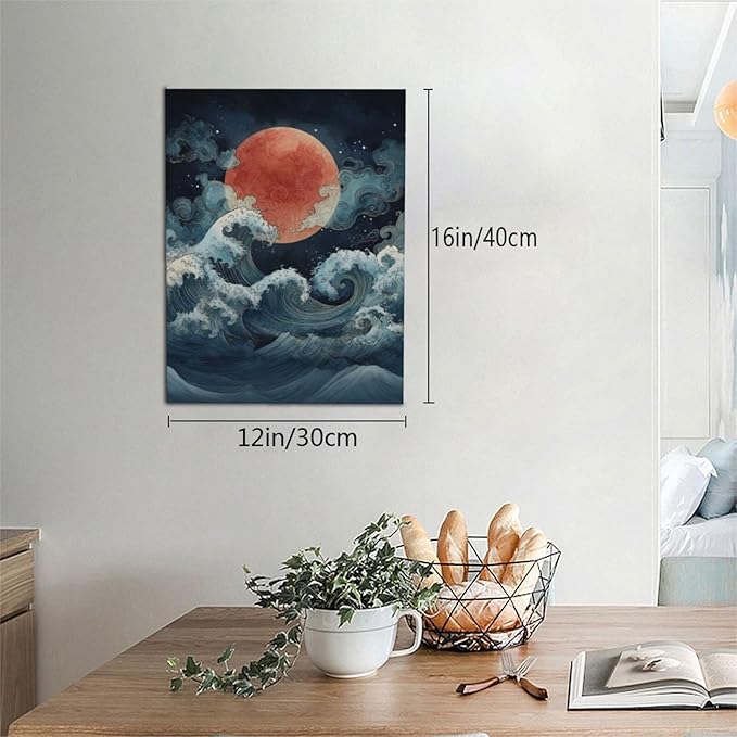 Japanese Wall Art The Great Wave Pictures Wall Decor Japanese Chinese China Sea Waves Canvas Prints Painting Asian Oriental Aesthetic Landscape Artwork Decorations for Bathroom Living Room Bedroom Kitchen Dining Room 12”X16”
