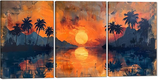 MAMAGO Large 3 Panels Sunset On Ocean Canvas Wall Art Palm Trees Natural Beautiful Print Oil Painting Stly for Living Room Bedroom Hallway Office Framed Easy to Hang-24”W x 36”Hx3pcs