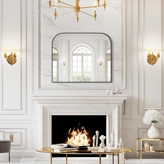 Modern Large Wall Mirror, Modern Mantel Minimalist Home Decor, Brushed Black Metal Framed Arched Mirror for Living Room, Bedroom, Fireplace, Mantle, Entryway, Bathroom, 36" x 30", Black