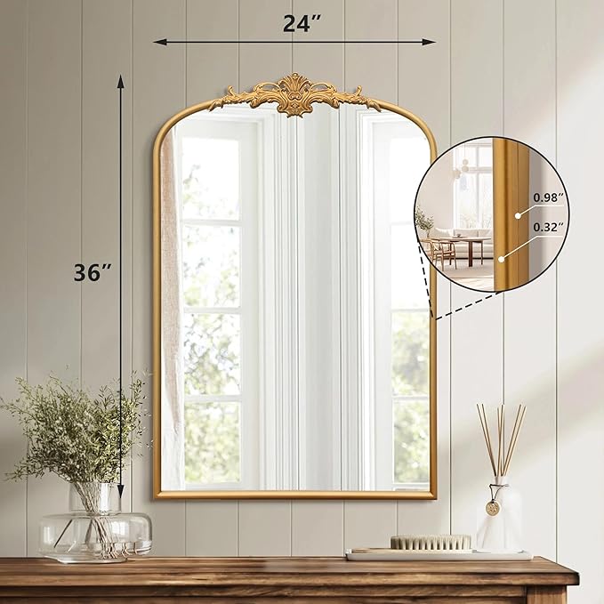 Antique Baroque Arched Mirror: 24"x36" Arch Gleaming Gold Vintage Wall Mounted Mirror - Traditional Ornate Home Decor for Entryway/Fireplace/Bathroom - Idea for Homemakers