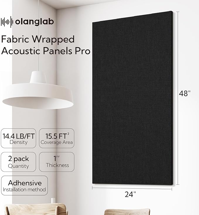 Olanglab Acoustic Panels 2 Pack, 48''x24'' Large Sound Panels, Fabric Wrapped Sound Proof Foam Panels for Walls, Sound Absorbing Panels for Recording Studio Acoustical Treatments (Black)
