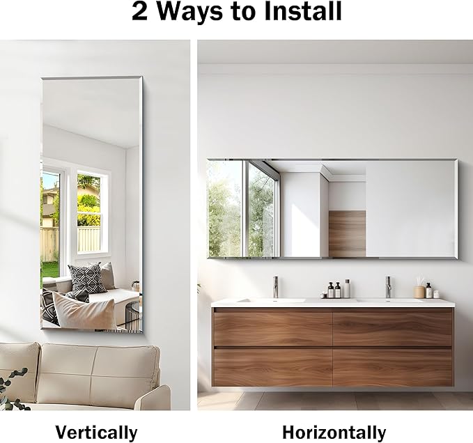 Beveled Mirror, 24x60 Large Frameless Beveled Bathroom Mirrors for Wall, Upgraded Shatterproof Rectangle Vanity Mirror with Beveled Edge for Bathroom, Bedroom, Living Room and Entryway