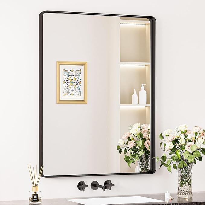 Keonjinn Black Bathroom Mirrors for Over Sink, 28 x 36 Inch Matte Sandblasted Finish Aluminum Vanity Mirror, Rectangle Farmhouse Mirrors with Shatterproof HD Tempered Glass, Anti-Rust Wall Mirror