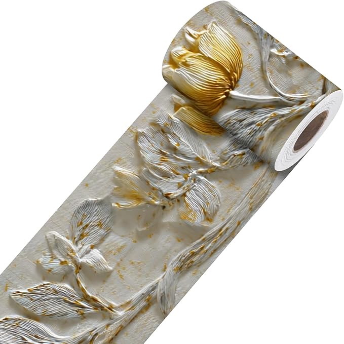 Nuxovilar Wallpaper Border Peel and Stick, Gold & White Tulip Floral Pattern Self-Adhesive Wallpaper, PVC 3.94×16.4 Ft, Ideal for Bedroom, Dining Room, Luxury Decor
