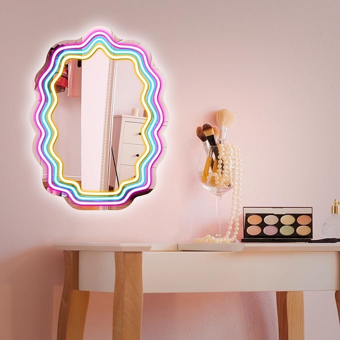 Kavaas Wavy Neon Mirror 16.9" x 12.7", LED Wave Mirror with Lights for Bedroom, Girls Room - Best Gifts for Teen Girls, Birthday, Christmas