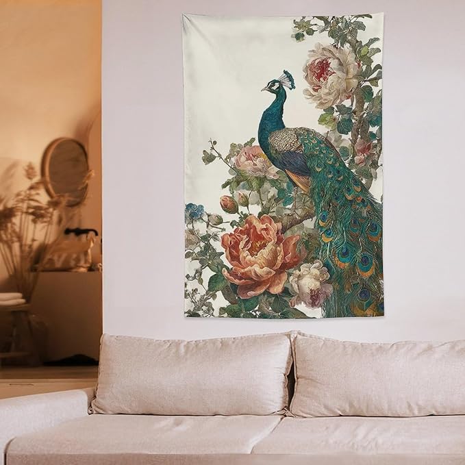 UUKXKUU Peacock Oriental Retro Blooming Flowers Tree Tapestry Flag Backdrop Wall Hanging Large Wall Art Decor for Dorm Office Bedroom Living Room 40"×60"