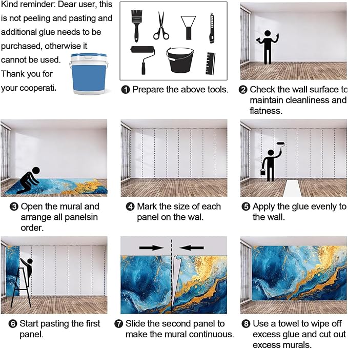 Blue Gold Marble Mural Wallpaper, Modern Fashion Marble Murals, Abstract 3D Texture Murals Wallpaper for Living Room Bedroom Tv Background Wall Home Decor Mural (Not Peel Stick)