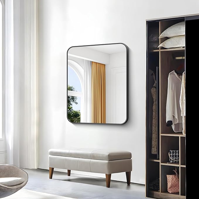 BONEWEI 30x36 inch Bathroom Mirror,Black Rectangle Mirror,Wall Mounted Bathroom Frame Vanity Mirror with Round Corner for Bedroom Living Room, Entryway Hangs Horizontal or Vertical