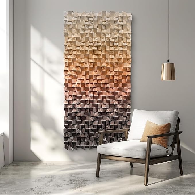 LIUZEYUE - 3D wooden block painting gradient coffee white art background wall wooden block abstract geometric wall decoration living room/bedroom/office modern minimalist style decoration 31.5"x63"
