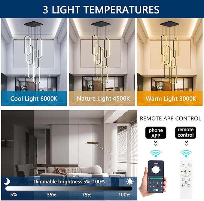 6 Rings Modern Chandelier LED Dimmable Pendant Lighting Adjust Flush Mount Ceiling Light for Foyer Lobby Living Room Staircaes Black