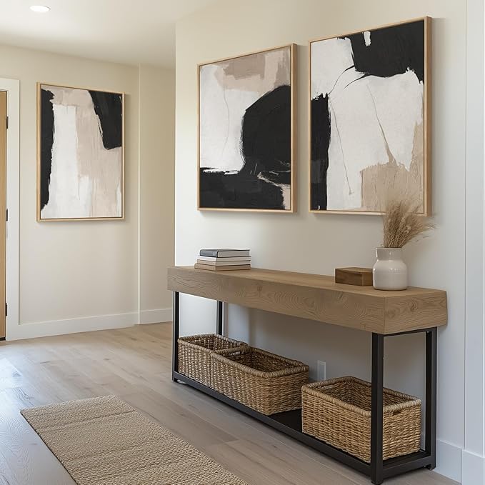 Large Framed Black and White Neutral Abstract Wall Art for Living Room, 3 Piece Canvas Prints Paintings Artwork for Walls, Modern Minimalist Abstract Pictures for Hallway Office Wall Decor 24x36 In