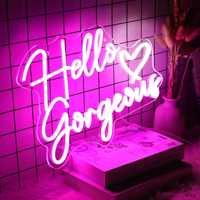 Neonwall Hello Gorgeous Neon Sign for Wedding, Led Neon Light Sign for Bedroom Room Decor Birthday Party USB Operated Game Center Neon Light for Art Gift 22" （Pink +White Heart)