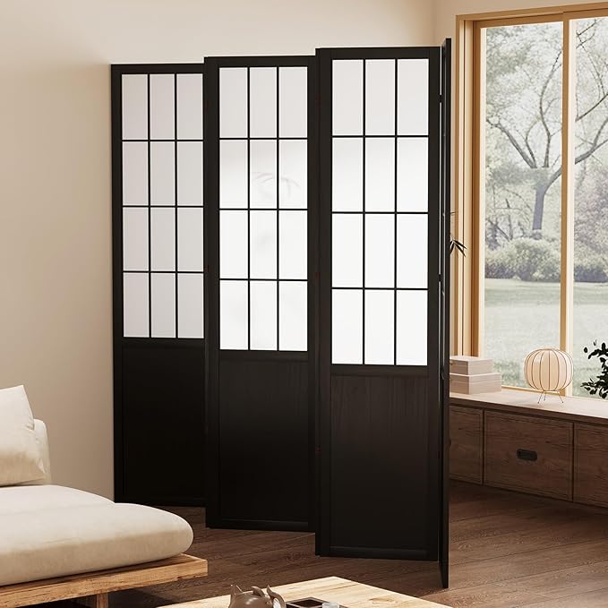 5.6FT Room Divider and Folding Portable Partition Screen, Chinese Japanese Shoji Style for Room Separation - 6 Panel (Black)