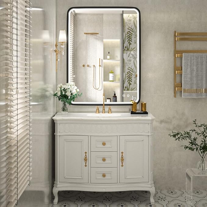 36x28 Inch LED Bathroom Mirror with Light,Black Metal Frame Lighted Vanity Mirror, Anti Fog Design&Dimmable&Touch Switch,Large Wall Mounted Makeup Mirror (Horizontal/Vertical)