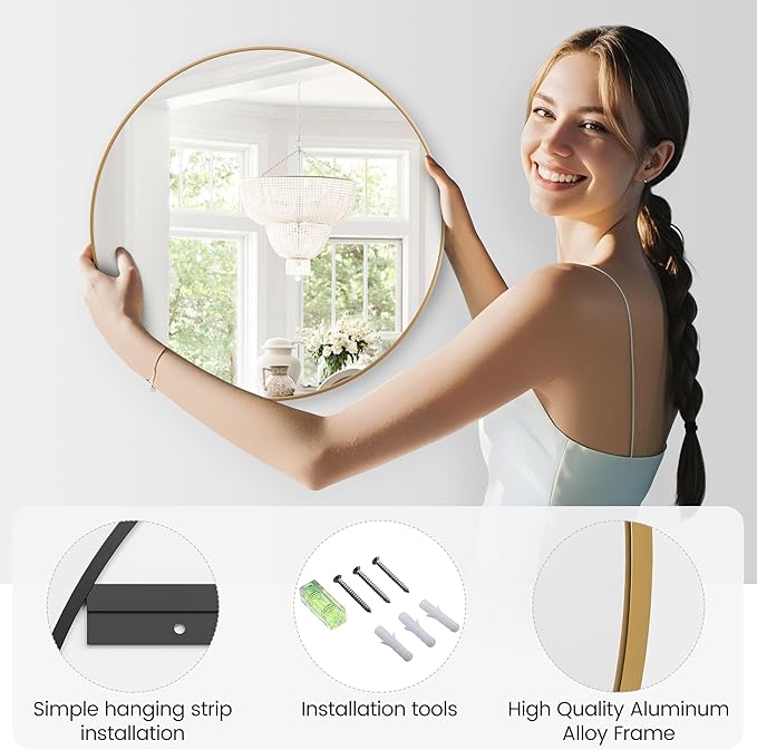 30" Gold Round Mirror for Wall, Large Circle Bathroom Mirror for Over Sink, Matte Gold Metal Frame, HD Eco-Friendly Glass, Contemporary Vanity Entryway Hallway Living Room Home Decor, Easy to Hang