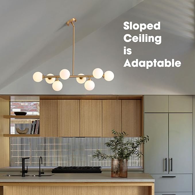Modern Linear Chandelier, Mid Century Gold Brass Sputnik Pendant Light with White Glass Lampshade,8 Lights Globe Rectangle Chandelier,for Dining Room Kitchen L31.4 xW10.6