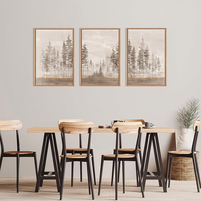 Beige Foggy Pine Tree Framed Canvas Wall Art Set,Modern Misty Forest Wall Decor,Nature Landscape Brown Art Print for Living Room,Bedroom-16 x24 x3